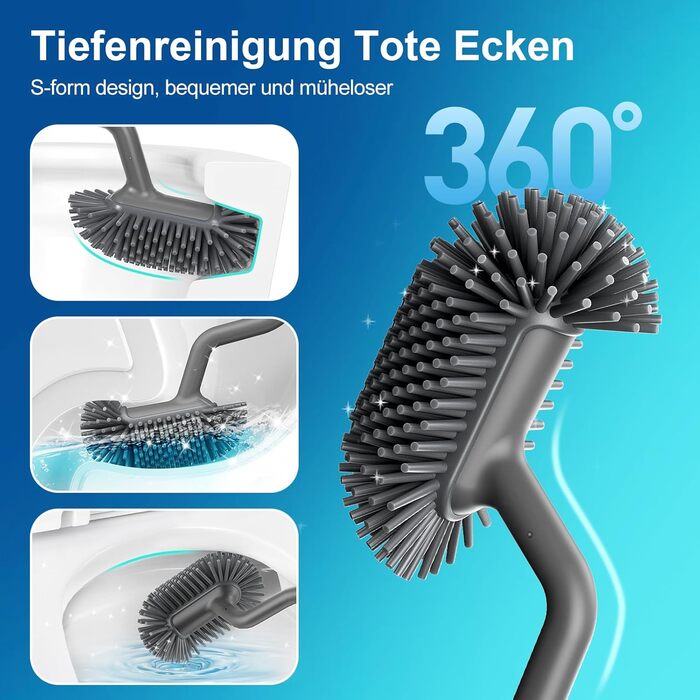 Силіконова щітка для унітазу HAMITOR з тримачем: гнучка щітка для унітазу з очищувачем країв - швидковисихаючий набір щіток для унітазу з тримачем для аксесуарів у ванну кімнату, підвісна щітка для унітазу сірого кольору, без свердління, 1 шт.