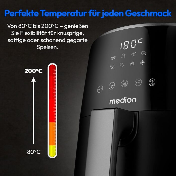 MEDION P40 L Фритюрниця без олії (4.7л, Airfryer, 1500 Вт, таймер 60 хв, до 200°C, антипригарне покриття, MD13030) білий (чорний)