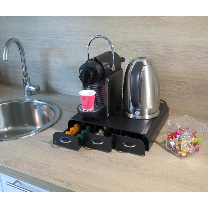 Диспенсер для кавових капсул Kaffeekapselspender, 3 шухляди, чорний пластик, 34.2 x 32.7 x 6.9 см
