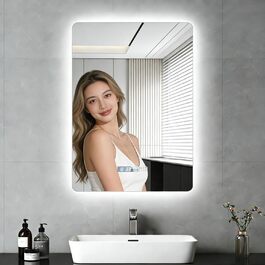 Дзеркало для ванної кімнати Viugreum з підсвічуванням 50x75 см, овальне LED дзеркало для ванної, диммування, 3 кольори світла, проти запотівання, годинник, сенсорна кнопка, дзеркало з LED підсвічуванням для ванної кімнати, вітальні (50x70 см)