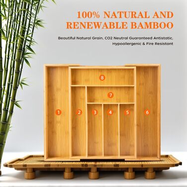 Органайзер для столових приборів бамбуковий висувний для шухляди 33-52 x 43 x 5 см, 6-8 відділень, пластиковий лоток для кухні