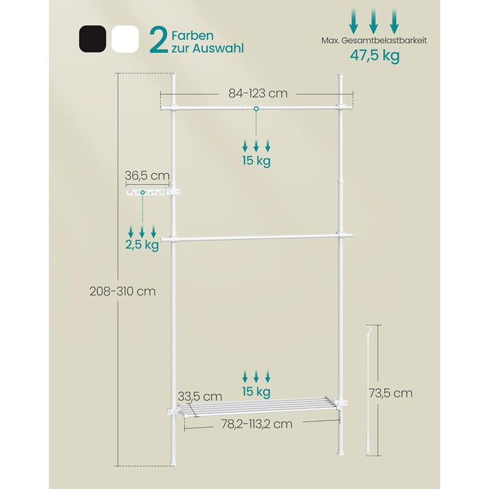 SONGMICS Telescopic Rod Clothes Rack, 3-Tier Wardrobe, Height and Width Adjustable, Open Closet with 2 Clothes Rods and Removable Shelf, Gripper Arm, HSR136B01 (Matt White, 1 Row (84B~123B cm))