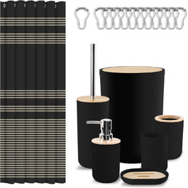 Набір аксесуарів для ванної кімнати Britimes, чорний: шторка для душу, сміттєвий бак, дозатор мила, тримач для унітазу, тримач для зубних щіток та стаканчик для зубних щіток