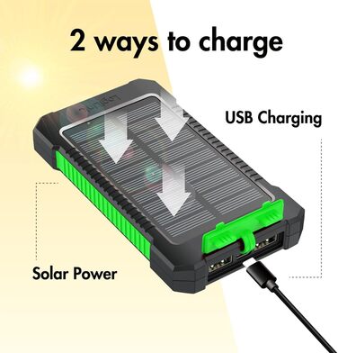 Портативний зарядний пристрій Solar Powerbank 8000 mAh з ліхтариком, чорно-оранжевий, одночасна зарядка 2 пристроїв (2x USB Type-A)