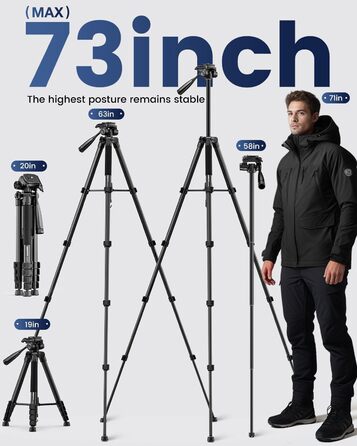 Штатив для камери та монопод CAMBOFOTO 185.4 см (73 дюйми), професійний, з підтримкою для телефону та чохлом, сумісний з дзеркальними/беззеркальними камерами, DSLR, мобільним телефоном, відеокамерою, GoPro, алюміній, оранжевий