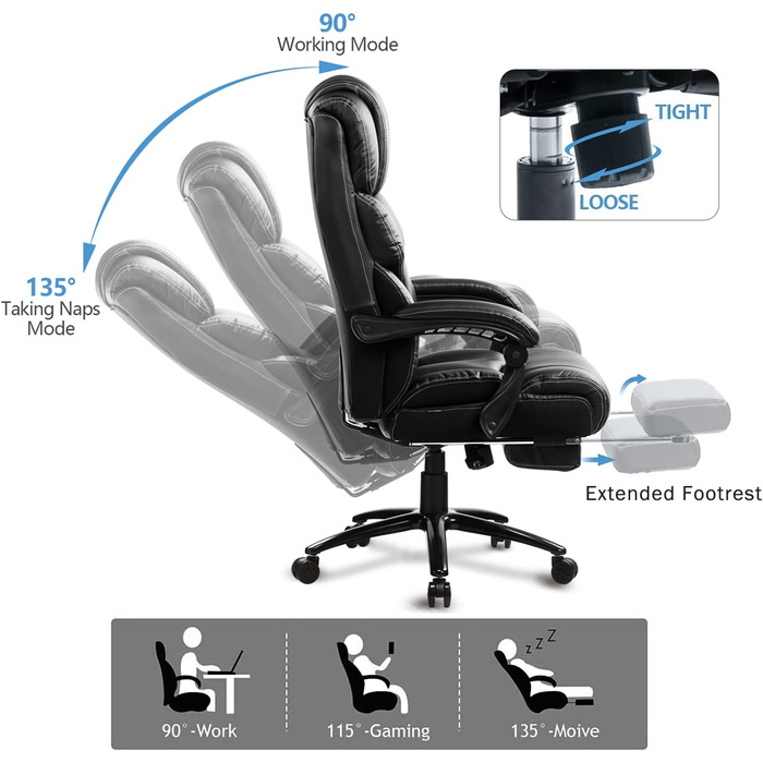 KCREAM Ergonomic Leather Office Chair with Footrest - High Back Executive Desk Chair, Adjustable Armrests, Swivel, Height Adjustable (Black)