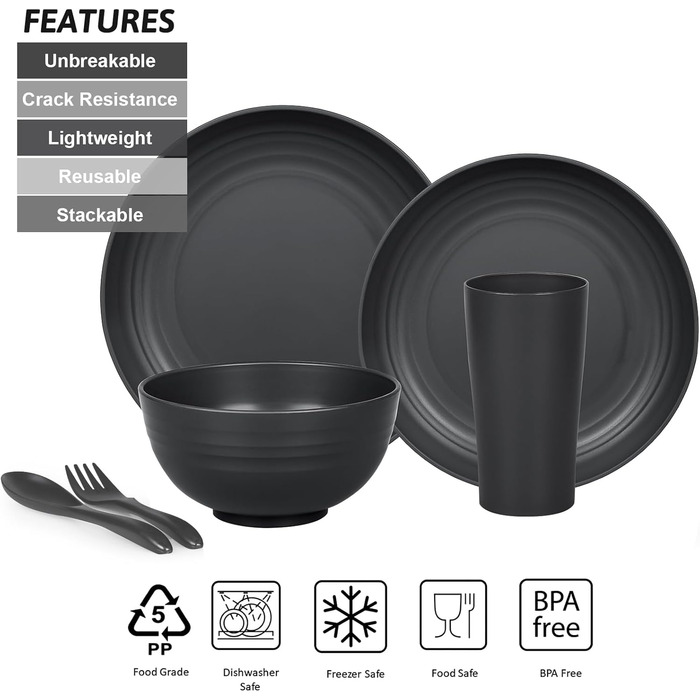 Набір посуду з PP | Легкий та незламний сервіз з 16 предметів для дітей та дорослих, тарілки, миски, чашки