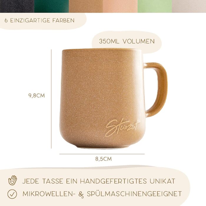 Stone Age Design Coffee Cups (6x350ml) - 100% Handmade Coffee Mugs - Set of 6 Unique Pastel Colors - Large 350ml Mug Suitable for Any Beverage