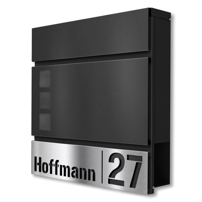 Поштова скринька Metzler Svena з нержавіючої сталі, чорна (RAL 9007) з табличкою для імені та номера будинку, відділення для газет, розмір 37x37x10.5 см