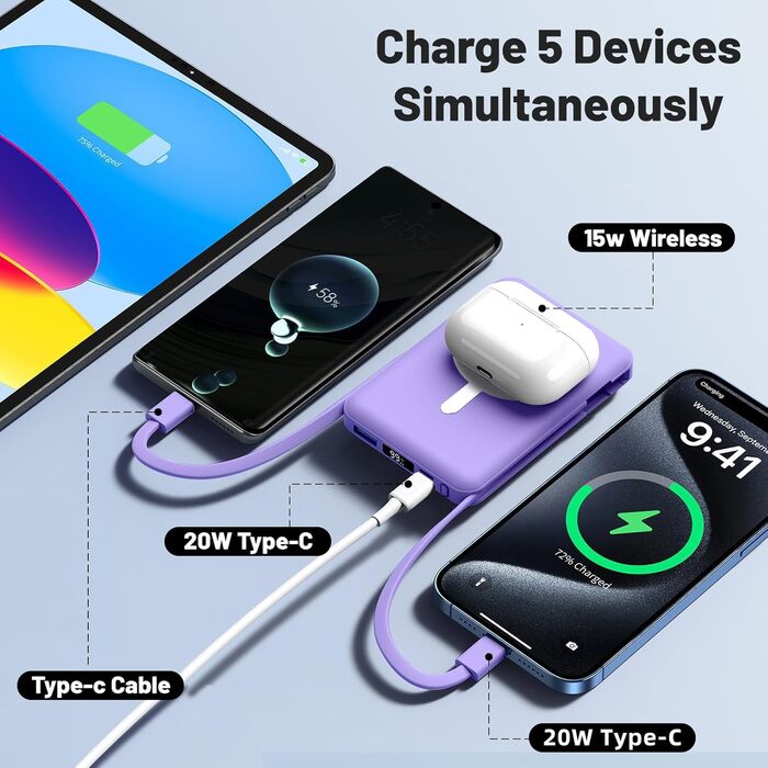 Power Bank Azmuth MagSafe 10000mAh для iPhone з LED дисплеєм, бездротова зарядка, білий (фіолетовий)