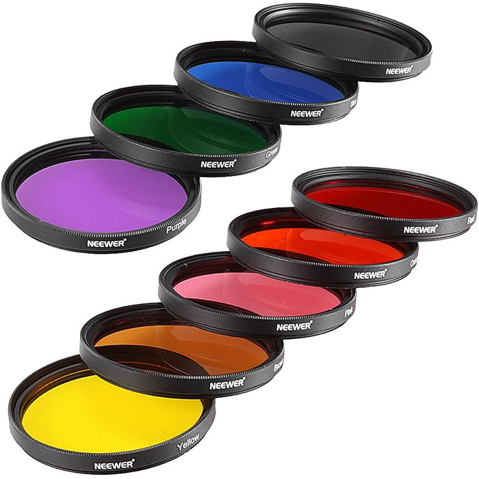 NEEWER Набір фільтрів для об'єктива 9шт, 58mm: червоний, оранжевий, синій, жовтий, зелений, коричневий, фіолетовий, рожевий, сірий. Аксесуари для камери
