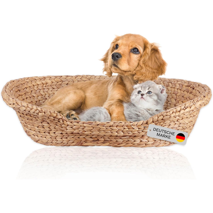 Клітка-ліжко для котів та маленьких собак | Овальна форма з високим бортиком | Матеріал: ротанг (Водяна гіацинт) | Розмір: 72 x 56 x 17 см | Знімний наволочка, прання при 30°C