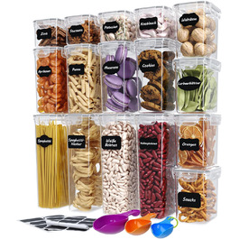 Набір контейнерів для зберігання Wellgro з етикетками, крейдою та мірними ложками. Контейнери для продуктів з кришкою, BPA-free, герметичні, з можливістю миття в посудомийній машині, 16 штук