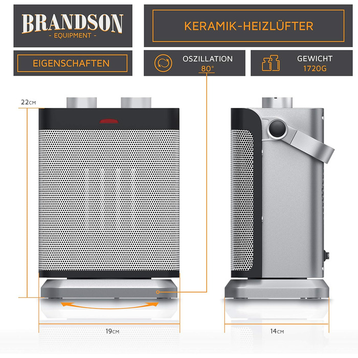 Електричний обігрівач Brandson з 2 рівнями потужності, регулюванням температури, функцією вентилятора, захистом від перегріву та обертанням | 1800 Вт, сертифікат GS, сірий та срібний колір