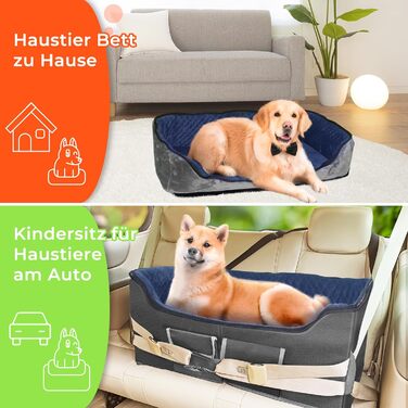 Stable Multi-Pet Car Seat with Safety Belt - Elevated Dog Basket for Medium Dogs, Washable & Reinforced - Royal Blue, Large