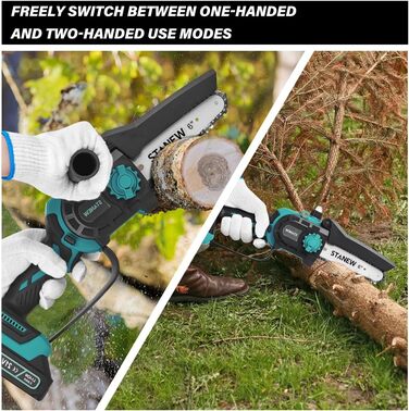 Міні-бензопила STANEW з 2 акумуляторами 2000mAh та зарядним пристроєм, 6 та 8 дюймів, 600W безщітковий двигун, для догляду за садом, обрізки дерев та роботи з деревом. Стандартна комплектація