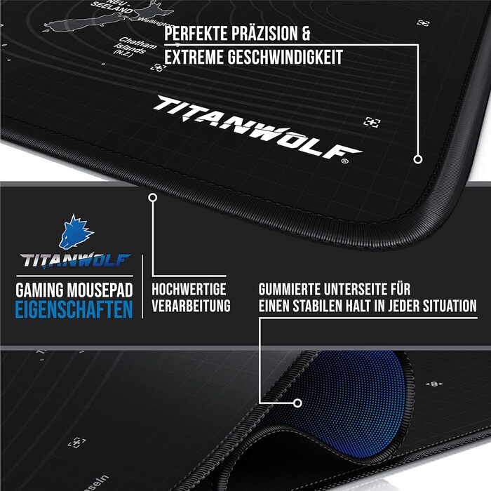 Килимок для миші TITANWOLF XXL Gaming з картою світу, 900x400x3 мм, чорний