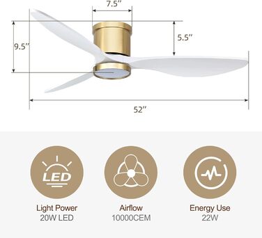 Стеляний вентилятор Ovlaim з підсвічуванням, пультом керування, DC мотор, 3 лопаті, 132 см (натуральний & сріблястий)