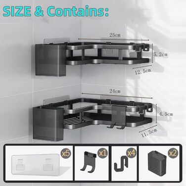 Поличка для душу без свердління, чорна, кутова, 2 шт. Трикутні кошики для душу, органайзер для ванної кімнати з 4 гачками, аксесуари для душу, тримач для шампуню в душ для ванної кімнати