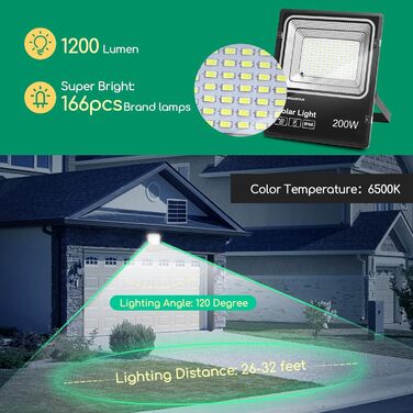 Aigostar Solar Flood Light Outdoor, Super Bright LED Floodlight with Solar Panel, Cool White 6500K, IP66 Protection Rating Solar Floodlight Spotlight Outdoor Floodlight for Garden, Door, Yard, Garage, etc. (200W)