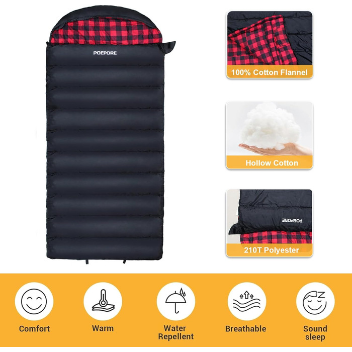 Сплячий мішок Outdoor Winter для дорослих, Extra Wide, 3-4 сезони, XXL, теплий бавовняний фланелевий ковдровий спальний мішок для кемпінгу, походів, пригод, 230 * 100CM, червоний, L-Zip, 0℃