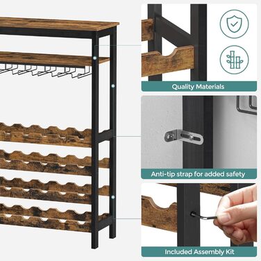 SONGMICS Wine Rack, for 24 Wine Bottles, Freestanding, Bottle Rack with Glass Holders, for Kitchen, Bar, Dining Room, vintage brown-black KWR028B01