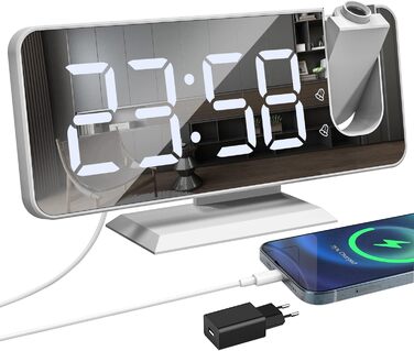 Exmate Projection Alarm Clock, Digital Alarm Clock with Projection, USB Charging Port, 7.5'' Large Mirror-LED Display, Snooze Dual-Alarm, Adjustable Brightness (White with Adapter)