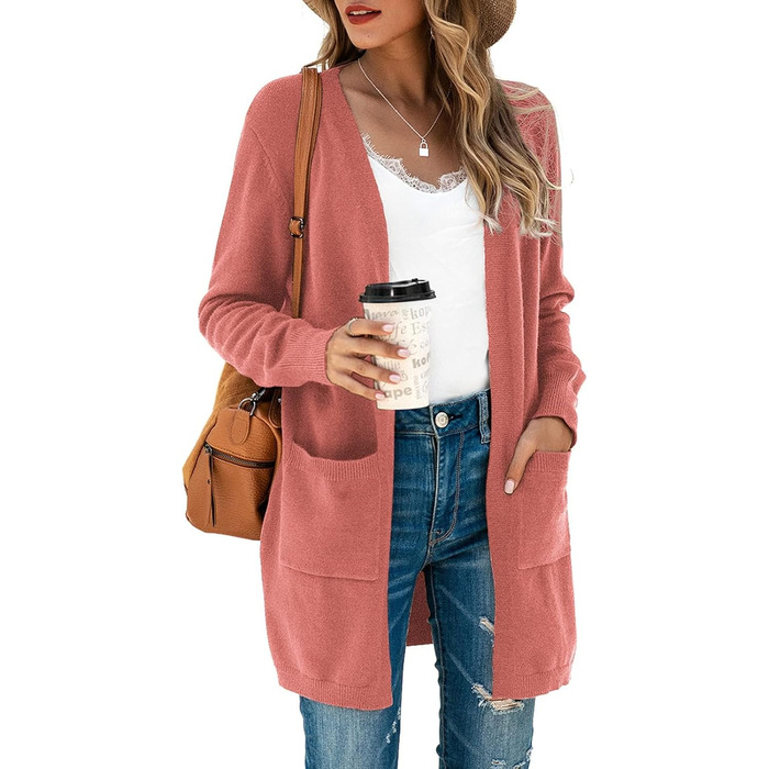 Кардиган жіночий Saodimallsu трикотажний, довгий, легкий, однотонний, з кишенею, темно-рожевий, розмір M