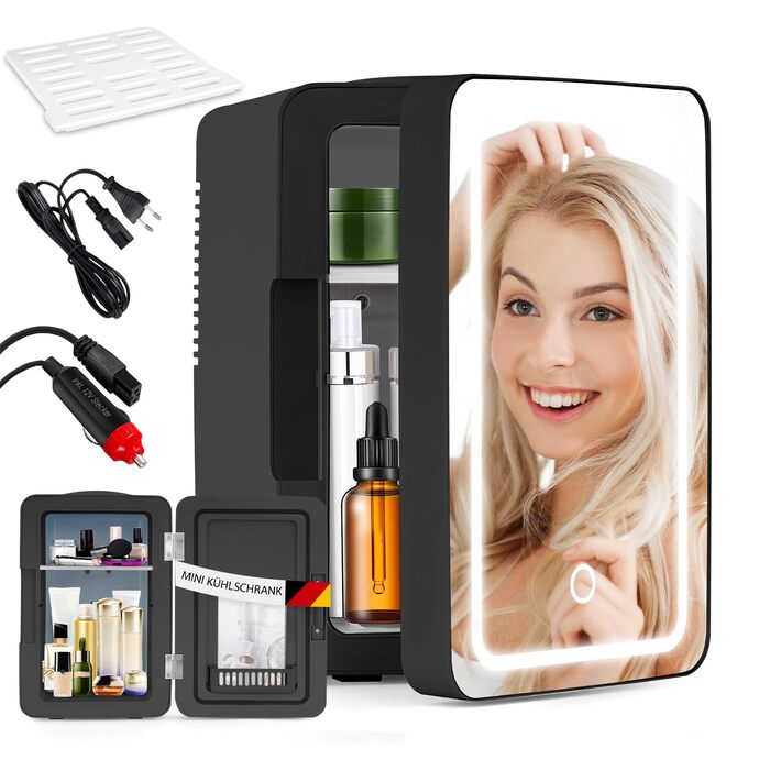 Міні холодильник 12V/230V з LED-підсвіткою та дзеркалом – для косметики та авто. Білий