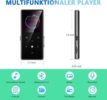 MP3-плеєр AiMoonsa 64GB з Bluetooth 5.2, FM-радіо, HiFi-звук, E-Book, вбудований HD-динамік та функцією запису голосу, чорний
