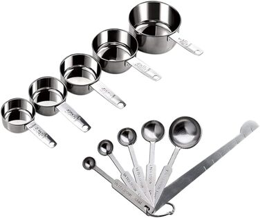 2 Measuring spoons, baking, kitchen machine, cookware, kitchenware, cookrings, saucer, kitchen scales, measuring cup, measuring spoons (scaled, graduated), stainless steel, silver.