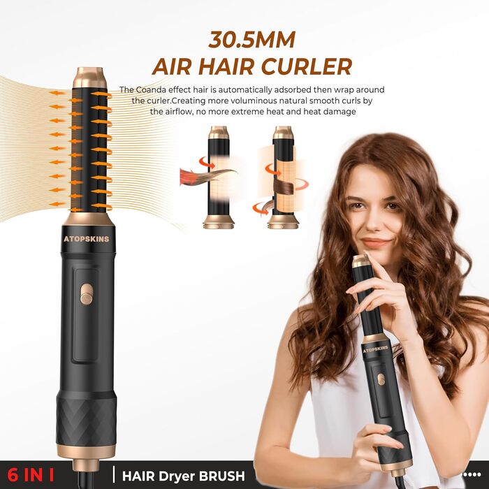 Набір для укладки волосся Atopskins 6 в 1: фен, плойка, щітка для об'єму | 1000W, чорно-золотий