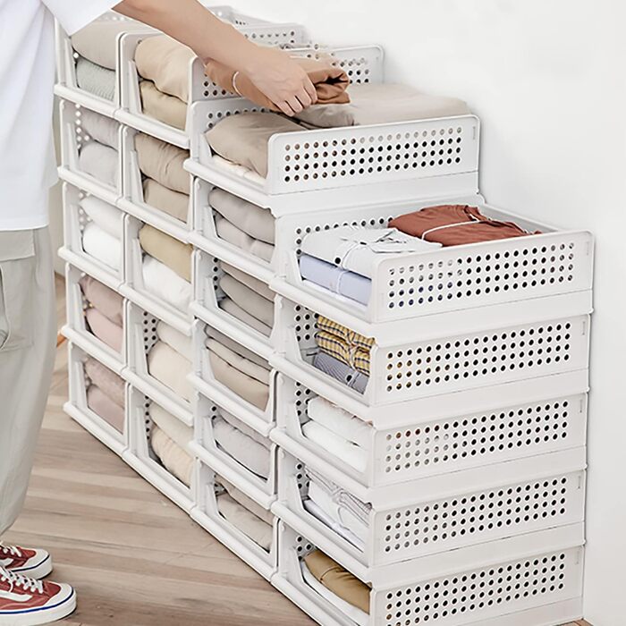 Hossejoy Set of 4 Stackable Closet Storage Boxes, Plastic Drawer Organizers, Foldable Clothes Shelf Baskets, Foldable Containers, Bins, for Office, Bedroom, and Bathroom (white)
