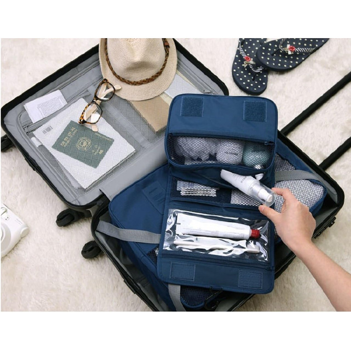Сумка для туалетних аксесуарів на гачку | Складна дорожня сумка для туалетних речей з ручкою | Багатофункціональна косметичка, компактна сумка для туалетних аксесуарів, валізка для миття для чоловіків та жінок, темно-синій