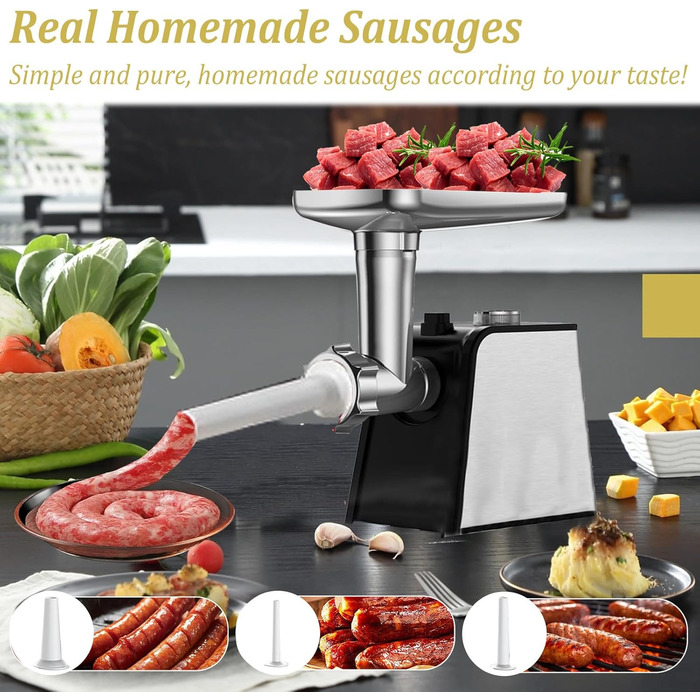 Електрична м'ясорубка з насадкою для ковбас, 3 в 1, нержавіюча сталь - професійна м'ясорубка та машина для ковбас з 3 насадками, 2 формами для фрикадельок, 2 лезами з нержавіючої сталі та 3 дисками для фаршу