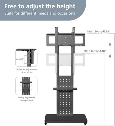 Підставка для телевізора Unho на коліщатках, поворотна 90°, регульована по висоті, з 2 полицями, для телевізорів 32-65