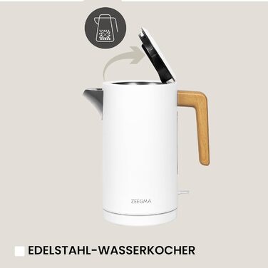 Електричний чайник ZEEGMA KETLEE 1.7L бездротовий, нержавіюча сталь, 2200W, для чаю та кави, автоматичне відключення, LED-дисплей, сучасний дизайн (білий)