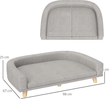 Софа для собак PawHut - зручне ліжко для великих собак з підлокітником, дерев'яними ніжками та знімним, пральним покриттям. Підходить для котів та собак вагою до 30 кг. Розміри: 98 x 67 x 25 см, колір: зелений (сірий).