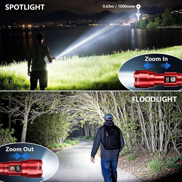 LED ліхтарик Gearlite, 6000 люмен, тактичний, з регулюванням фокусу, 3 режими, водонепроникний IP65, для кемпінгу, риболовлі, туризму, надзвичайних ситуацій (червоний, 1 шт.)