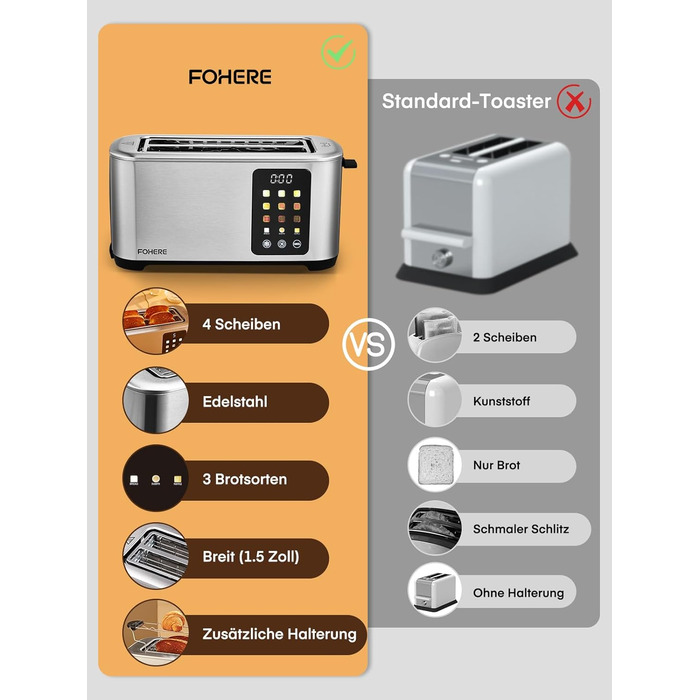 Тостер 4-х секційний, 1400W, нержавіюча сталь, довгий проріз, 9 налаштувань підсмажування, 3 види хліба, функція відміни, розморожування, підігріву, сенсорне керування, з підставою для булок, сріблястий