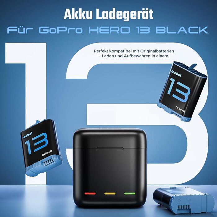 Зарядний пристрій для GoPro Hero 13 Black — 3-канальний зарядний пристрій з швидкою зарядкою, USB-C кабель. Сумісний з GoPro Hero 13 Black, оригінальний акумулятор (без акумулятора). Для Hero 13