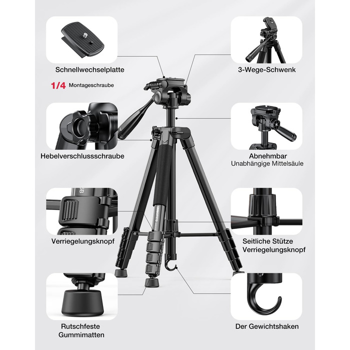 Штатив для камери CAMBOFOTO 186 см: професійний штатив з моноподом для DSLR, беззеркальних камер, телефонів та відеокамер, з тримачем для телефону та чохлом (чорний)