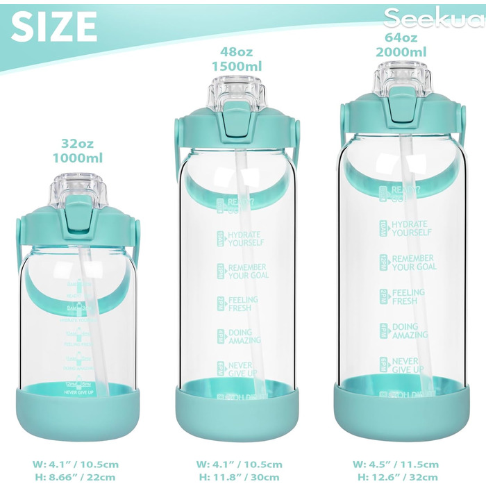 2l Glass Bottle | Drinking Bottle Glass with Straw & Time Marker, Leak-Proof 2 liter Large Glass Water Bottle for Smoothie, Carbonated Drinks Suitable, Dishwasher Safe (Light Green, 2000 ml)