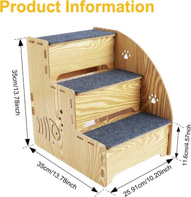 Сходинка для котів та собак з натурального дерева, 3 сходинки, 35 см, стабільна та неслизька