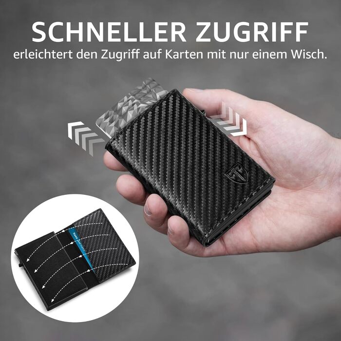 Чоловічий гаманець TENBST - картхолдер ультратонкий з RFID захистом, 10 відділень для карток, вікно для ID, преміум карбон, чорний