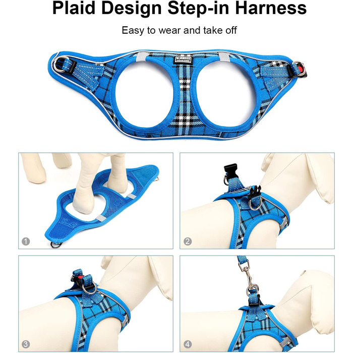 Шлейка для собак Suredoo для маленьких і середніх порід, анти-тяга, дихаюча, з поводом (M, 34-39см; XL, 46-53см, 8-10.5кг), блакитна в клітинку
