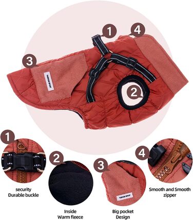 Dog Coat, Dog Jackets with Harness, Winter Warm Jacket Windproof Pet Clothing with Pocket Design Snowsuit Dog Jackets for Small Medium Dogs (Red, M)