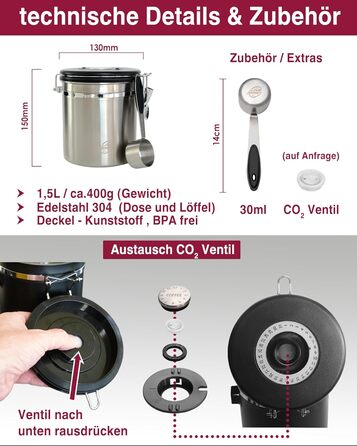 Контейнер для кави Kaffeedose 500г, нержавіюча сталь, 1,5л з дозатором та календарем, срібний