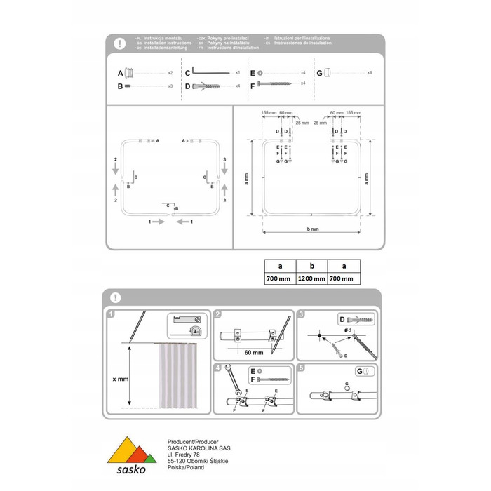 Кутовий штанга для душу Sasko 70-120 x 25 мм, білий