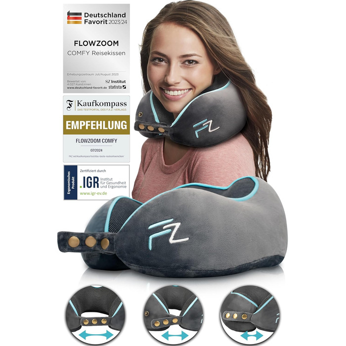 Подушка для шиї FlowZoom Comfy: регульована, з memory foam, для подорожей (літак, авто)